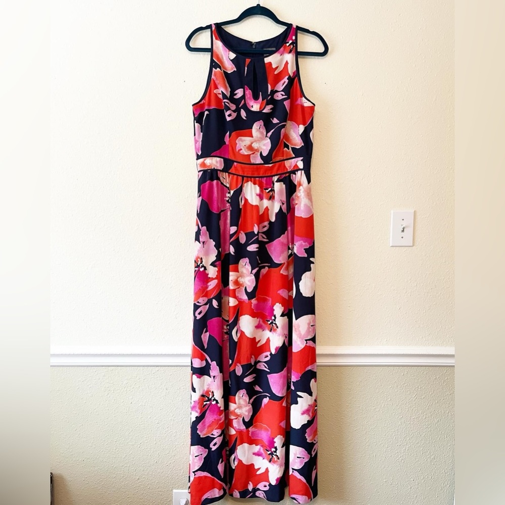 Vince Camuto Full Length Navy Floral Maxi Tropical Formal Maxi Dress Keyhole